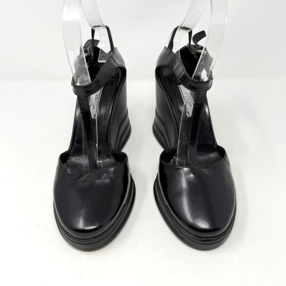 Prada‎ Black Wedge Sandals T Strap Leather Heels 37.5 - Picture 3 of 11